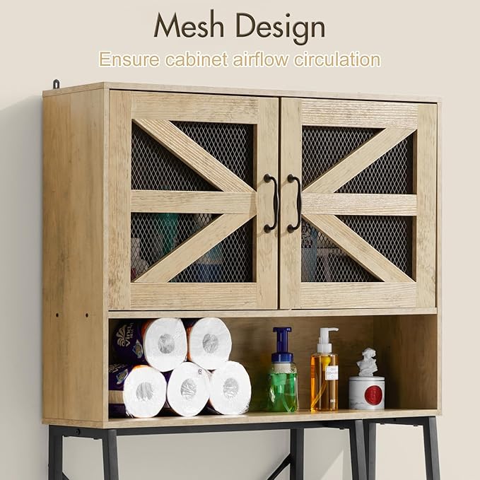Extra Tall Over The Toilet Storage Cabinet with Side Storage, Modern Bathroom Space-Saving Organizer with Barn Doors, Sturdy Over-Toilet Shelf Unit for Bathroom
