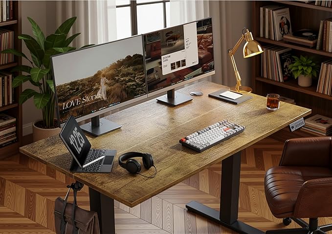 Seang Electric Height Adjustable Standing Desk, 40 x 24 Inch Sit-Stand Workstation with T-Style Frame, 3 Memory Height Options & Built-In Cable Management for Home Office, Black Frame/Rustic Brown Top