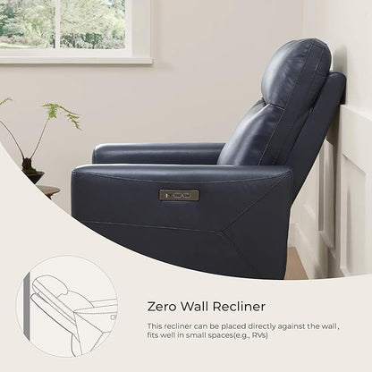 CHITA Genuine Leather Power Recliner Chair for Adults, Electric Wall Hugger Recliner for Small Spaces, Modern Living Room and RV Recliner Chair with Power Headrest & Charging Ports, Dark Blue