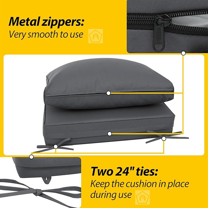 AAAAAcessories Outdoor Deep Seat Cushions, Waterproof, Fade-Resistant Patio Furniture Replacement Cushions, 23.5" x 25.5" x 5" + 23.5" x 13.5", Dark Gray