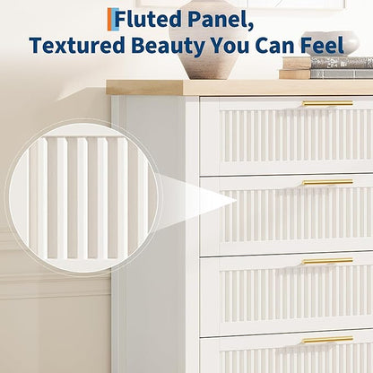 GarveeHome Fluted 5 Drawer Tall Dresser for Bedroom, 42.9 in Chest of Drawers, Wooden Dresser Chest with Clothes Storage Cabinet, Drawer Organizer, TV Stand for Bedroom, Living Room, Hallway, White