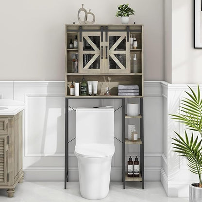 Over The Toilet Storage Cabinet, Farmhouse Storage Cabinet Over Toilet with Sliding Barn Door，Home Space-Saving Toilet Rack, for Bathroom, Restroom, Laundry(Grey).