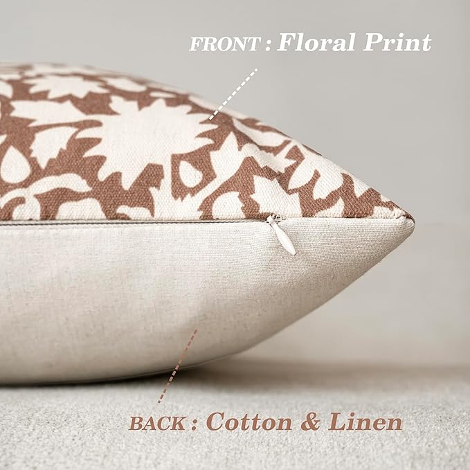Foindtower Set of 2 Decorative Neutral Floral Throw Pillow Covers Accent Farmhouse Cushion Covers Boho Pillowcase for Couch Sofa Bedroom Living Room Home Decor,24×24 Inch,Light Orange Brown