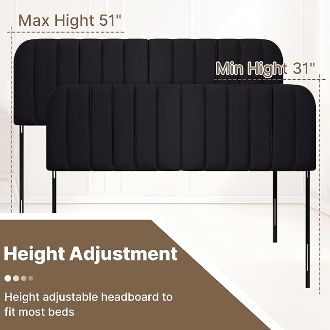 Upholstered Headboard - Striped Interval - Adjustable Height - Metal Legs - Bed Frame (Black, King (U.S. Standard))