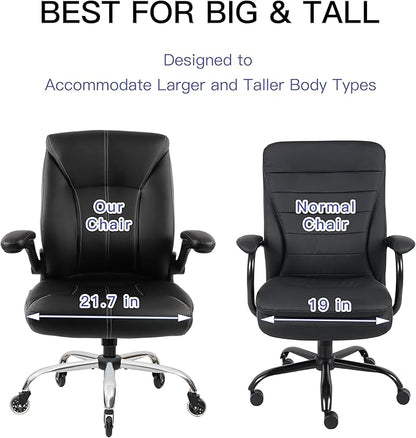 Big and Tall Office Chair for Heavy People, Executive Desk Computer Chair Adjustable Flip-up Armrests, PU Leather Swivel Task Chair with Ergonomic High Back and Lumbar Support
