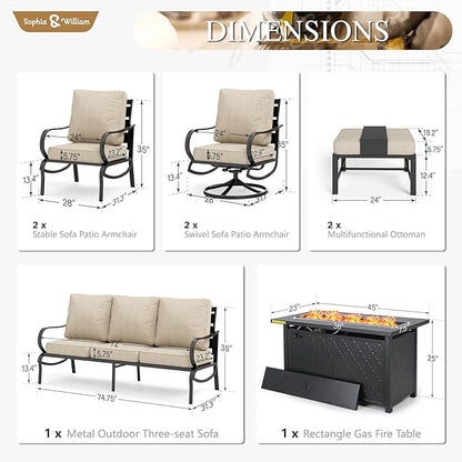 Sophia & William Patio Furniture Sets for 7 with Fire Pit Table 45", Outdoor Patio Furniture Set 8 Pcs, Convesation Set with 4 x High Heavy Sofa Chairs, 1x3-Seat Sofa, for Porch Poolside Beige