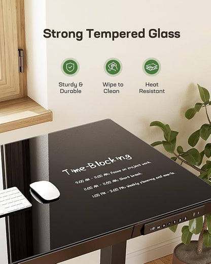 Marsail Glass Standing Desk with Drawer, 48 x 24 inch Electric Standing Desk, Height Adjustable Desk with One-Piece Tabletop & USB Charging Ports, Sit Stand Desk with Storage for Home & Office Black