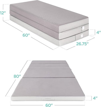 Best Choice Products 4in Portable Queen-Size Mattress, Tri-Fold Mattress for Camping, Guest, Toddler, Foam Plush w/Carry Case - Grey