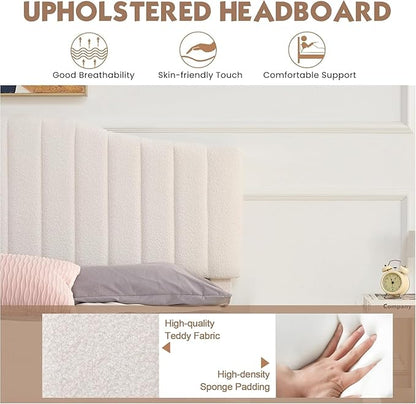 VECELO Full Size Upholstered Platform Bed Frame with Adjustable Teddy Fabric Headboard, Strong Wood Slats, 7.9" Under-Bed Storage, Noise-Free, No Box Spring Needed - Beige