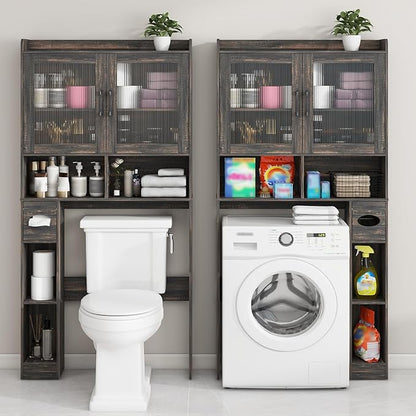 Over-The-Toilet Storage Cabinet, Farmhouse Style with 2 Acrylic Waves Doors, Space-Saving Home Storage Rack for Restroom, Bathroom and Laundry Room