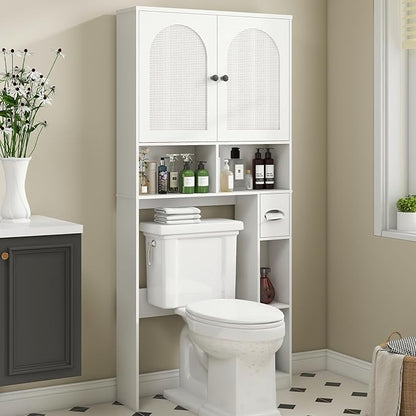 Vabches Over The Toilet Storage Cabinet, Rattan Storage Cabinet Over Toilet with 2 Doors & Toilet Paper Holder Stand, Freestanding Toilet Shelf Space Save with Anti-Tip Design Adjustable Shelf, White
