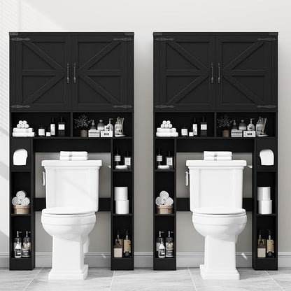 Vabches Over The Toilet Storage Cabinet, Farmhouse Storage Cabinet Over Toilet with 2 Barn Doors ，Toilet Paper Holder Stand，Home Space-Saving Toilet Rack, for Laundry, Restroom, Bathroom.Black.