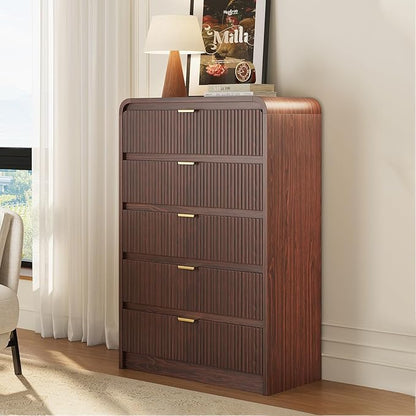 FURSUN Fluted 5 Drawers Dresser for Bedroom, 48" Tall Wooden Modern Dresser with Metal Handle, Curved Profile Design, Storage Organizer for Living Room, Hallway（Dark Walnut）