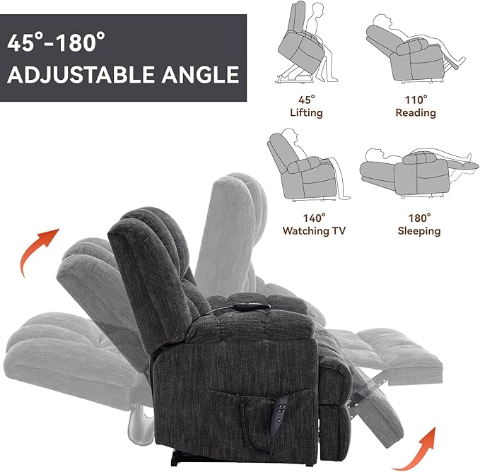 Power Lift Recliner Chair for Elderly, Oversized Chenille Electric Recliners Chairs for Living Room, Dual Motor 180° Lay Flat Recliner Big Sofa with Massage and Heating, Heavy-Duty, Grey