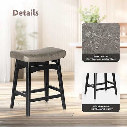 ALPHA HOME Bar Stools Set of 2, Solid Wood Saddle Kitchen Stools with Grey PU Leather Cushion Counter Height Barstools with Wooden Base for Kitchen Dining Cafe, 24 Inch, Grey, 2PCS