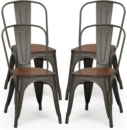 COSTWAY 18 Inch Dining Chair Set of 4, Industrial Vintage Stackable Metal Chairs, Counter Bar Chairs with High Backrest, Wood Seat, for Home, Kitchen and Cafe Bar Use