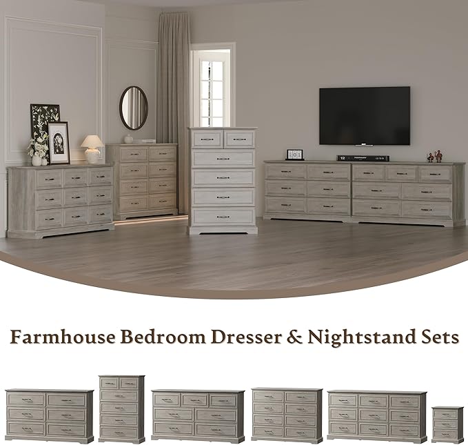 Farmhouse 9 Drawers Dresser for Bedroom, 63" Wide Modern Chest of Drawers with Deep Drawers & Bar Handles, Rustic Wood Dresser TV Stand, Wooden Closet Storage Organizer for Living Room, Hallway, Grey