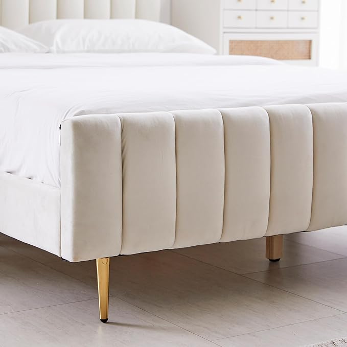 Livinia Twin Size Elton Velvet Platform Bed, Upholstered Bed Frame with Vertical Channel Tufted Headboard Footboard, Strong Wood Slats, No Box Spring Needed, Ivory (Twin)