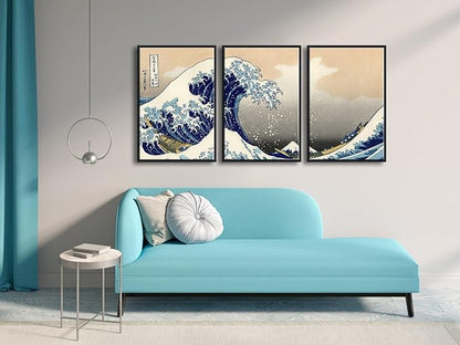 Wieco Art Black Framed Great Wave of Kanagawa Katsushika Hokusai 3 Piece Modern Canvas Prints Artwork Abstract Pictures Paintings on Canvas Wall Art for Home Office Decorations Wall Decor