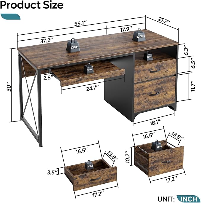 Bestier Office Desk with Drawers, 55 inch Industrial Computer Desk with Storage, Wood Teacher Desk with Keyboard Tray & File Drawer for Home Office, Rustic Brown