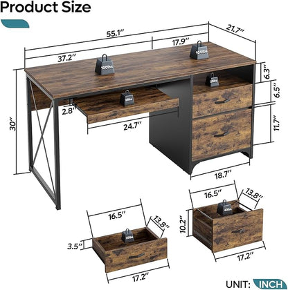 Bestier Office Desk with Drawers, 55 inch Industrial Computer Desk with Storage, Wood Teacher Desk with Keyboard Tray & File Drawer for Home Office, Rustic Brown