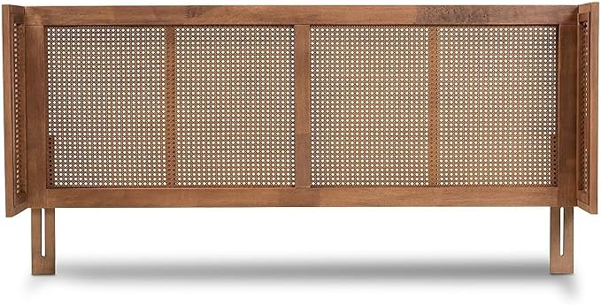Eclectic Escape Mid-Century Modern Ash Wanut Finished Wood and Synthetic Rattan Wrap-Around Headboard Queen