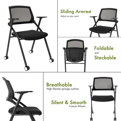 Home Office Chair Set of 4 Adjustable Armrest Ergonomic Mid-Back Breathable Mesh Foldable Conference Reception Chairs for School Waiting Room Small Space