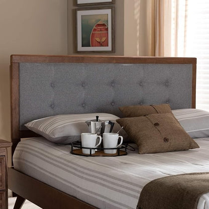Mid-Century Marvel Fabric Upholstered Walnut Brown Finished Wood Headboard, Wall Mount Headboard Queen/Light Gray