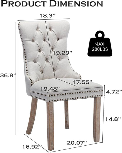 Linen Upholstered Dining Chairs Set of 2, Modern Style Kitchen Side Chairs with Nailhead Trim and Wood Leg, Metal Pulling Ring for Dining Room Living Room(Beige,Set of 2)