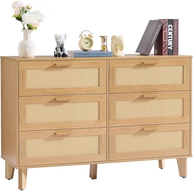 6 Drawer Dresser for Bedroom, Modern Wooden Chest of Drawers with Metal Handles, Anti-Tipping Design, Sturdy and Stable Storage Organizer for Living Room, TV Stand,Natural Oak