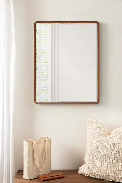 Kate and Laurel McLean Modern Wood Framed Rounded Rectangle Wall Mirror; 24 x 30; Walnut Brown; Decorative Round Rectangular Mirror for Contemporary Wall Decor