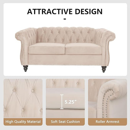 Velvet Loveseat Sofa, Mid Century Modern Upholstered Couch, 62" Oversized Comfy 2 Seater Love Seat Couch with Cushions, Tufted Chesterfield Sofa for Living Room, Bedroom, Apartment (Beige)
