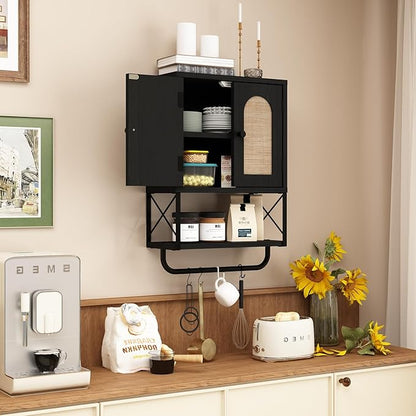 RUSTOWN Rattan Bathroom Wall Cabinet, Boho Over The Toilet Storage Cabinet with Arched Rattan Doors, Modern Medicine Cabinet with Adjustable Shelves & Towel Bar (Black, Small)