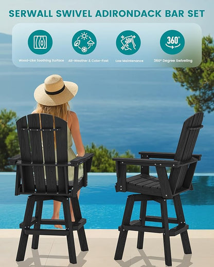 SERWALL 3-Piece Swivel Adirondack Bar Set, HDPE Swivel Bar Height Chairs Set of 2 with Bar Table, All-Weather Outdoor Barstools for Patio, Poolside, Garden, Black