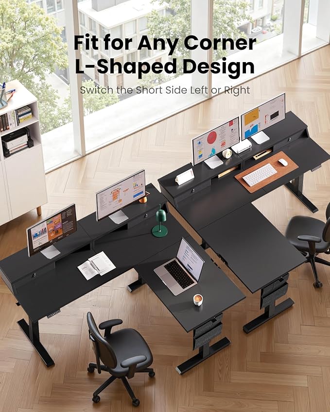 ErGear L Shaped Electric Standing Desk, 63" Ergonomic Corner Height Adjustable Desk with Drawers, Sit Stand Computer Table with Storage for Work Office Home, Black