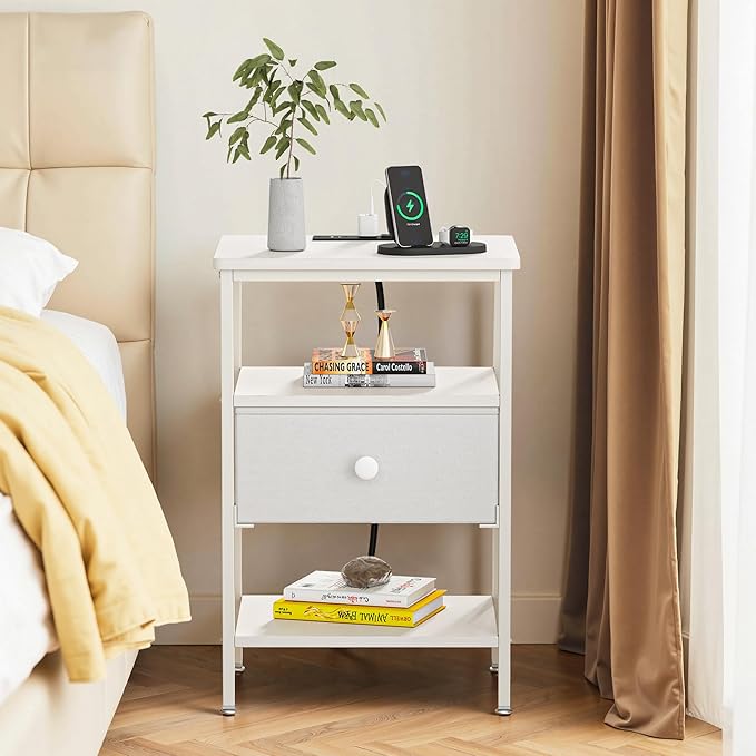VECELO Night Stand Set 2, Nightstand with Charging Station, End Tables with Open Storage Shelf, Bed Side Tables with Fabric Drawers for Bedroom,Living Room,Elegant White