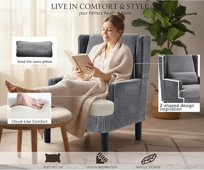 Modern Accent Chair for Living Room Chairs Upholstered Oversized Reading Chair Accent Chairs Set of 2 Living Room Chair Arm Chair with High Back and Wood Legs,Armchair Comfy Chair for Bedroom(Grey)