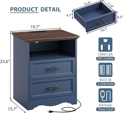 Blue Nightstand with Charging Station, Farmhouse End Table with 2 Drawers, Bedside Table with Space-Saving Storage Cabinet, Unique Base Design for Bedroom, Living Room
