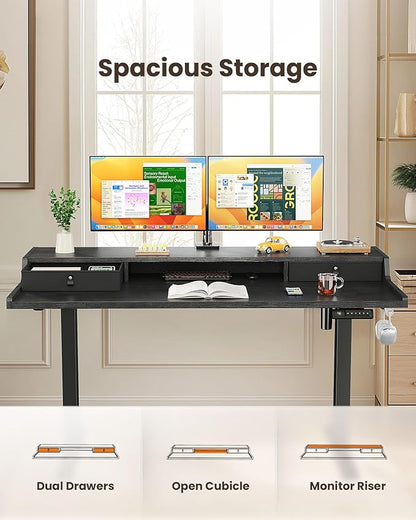 ErGear Electric Standing Desk with Drawers, 63″ x 28″ Gaming Table Compatible Monitor Stand, Stand up Desks, Home Office Height-Adjustable Desk with Storage Shelf, 4 Preset Heights, Black
