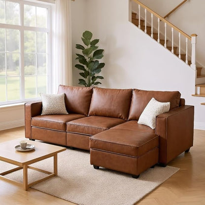 L Shaped Brown Leather, 90 Inches Cloud Modular Sectional Sofa, Modern Convertible Comfortable Sofa for Living Room/Apartment