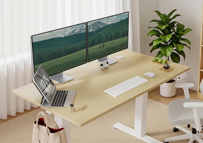 Seang Electric Height Adjustable Standing Desk, 40 x 24 Inch Sit-Stand Workstation with T-Style Frame, 3 Memory Height Options & Built-in Cable Management for Home Office, White Frame/Nature Top