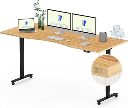 FLEXISPOT E6 MAX Bamboo 72x30 Inch Dual Motor 3-Stage Heavy Duty Standing Desk, 330lbs Weight Capacity, Height Adjustable Desk w/Cable Management & Wheels (Solid Bamboo Curved Desktop + Black Frame)