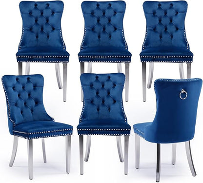Velvet Upholstered Dining Chairs Set of 6, Modern Style Kitchen Side Chairs with Nailhead Trim and Silver Plated Leg, Metal Pulling Ring for Dining Room Living Room(Blue-Silver Plated Leg)