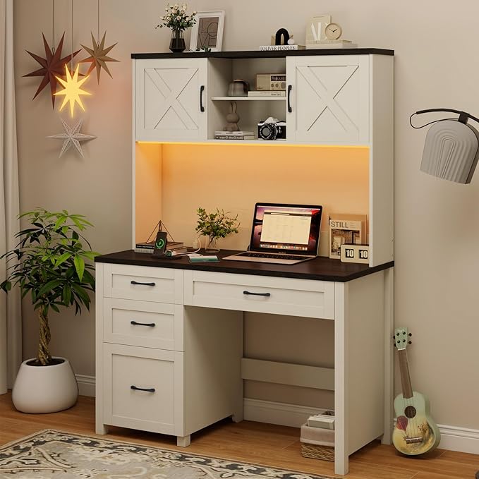 Farmhouse 67" H Executive Desk with Hutch,Office Table with 4 Drawers and LED light, Computer Desk with Storage Cabinet & File Drawers and Charging Station, Wood Workstation for Home Office,Study