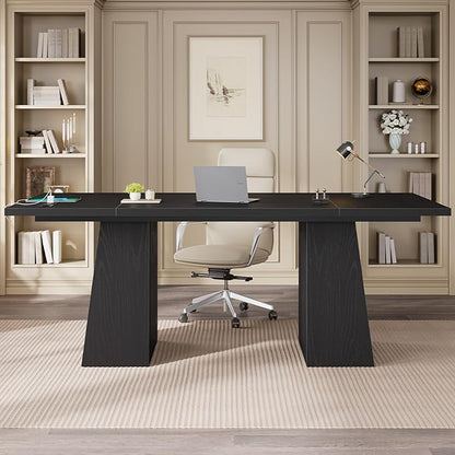 63 in Executive Desk with Power Outlets, Modern Home Office Desk with Storage Cabinet, Wood Computer Desk Business Workstation Desk Conference Table (Black)