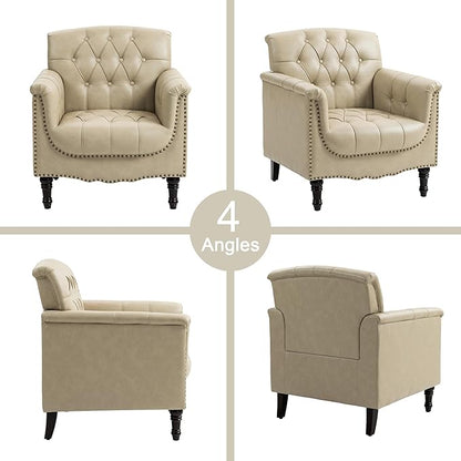 Lumibee Faux Leather Armchairs, Contemporary Accent Chairs Set of 2 with Nailhead Trims & Wood Legs for Living Room, Upholstered Comfy Arm Chairs for Office,Bedroom-Beige