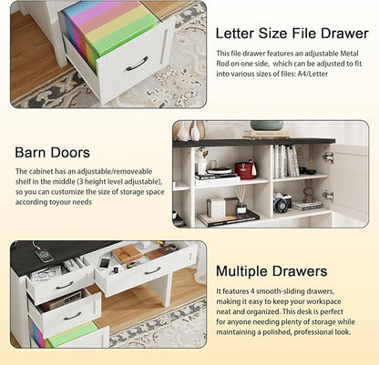 Farmhouse 67" H Executive Desk with Hutch,Office Table with 4 Drawers and LED light, Computer Desk with Storage Cabinet & File Drawers and Charging Station, Wood Workstation for Home Office,Study