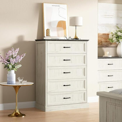 CARPETNAL Farmhouse Dresser and Nightstand Sets for Bedroom, 4 Pcs Bedroom Set, 5 Drawer & 7 Drawer Dresser and Nightstand Set of 2, Wood Chest of Drawers for Living Room, Entryway, White