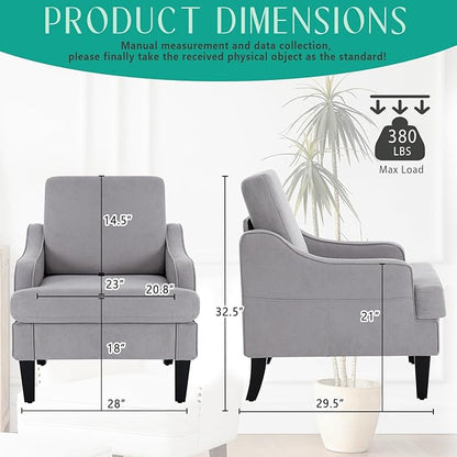 Modern Accent Chairs Set of 2 Upholstered Reading Chair for Bedroom with Side Pockets Comfy Living Room Chairs Living Room Armchair for Office, Apartment (Grey)