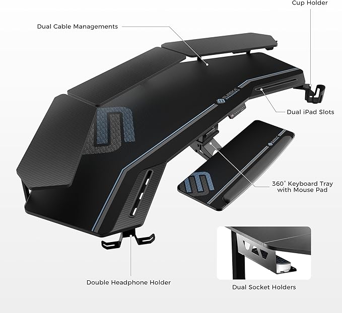EUREKA ERGONOMIC Gaming Desk, Standing Desk w Keyboard Tray, 72" Wing Shaped Music Studio Table with LED Shelves, Gaming Recording Live Stream, Slot Design